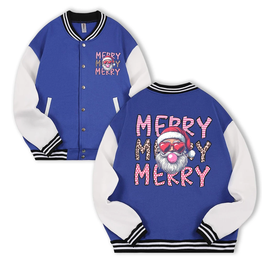 

С Рождеством Санта-Клаус Забавный принт Бейсбольный трикотаж Мужчины Ретро Мягкое пальто Модные американские куртки Осенний флисовый мужской цветной топ