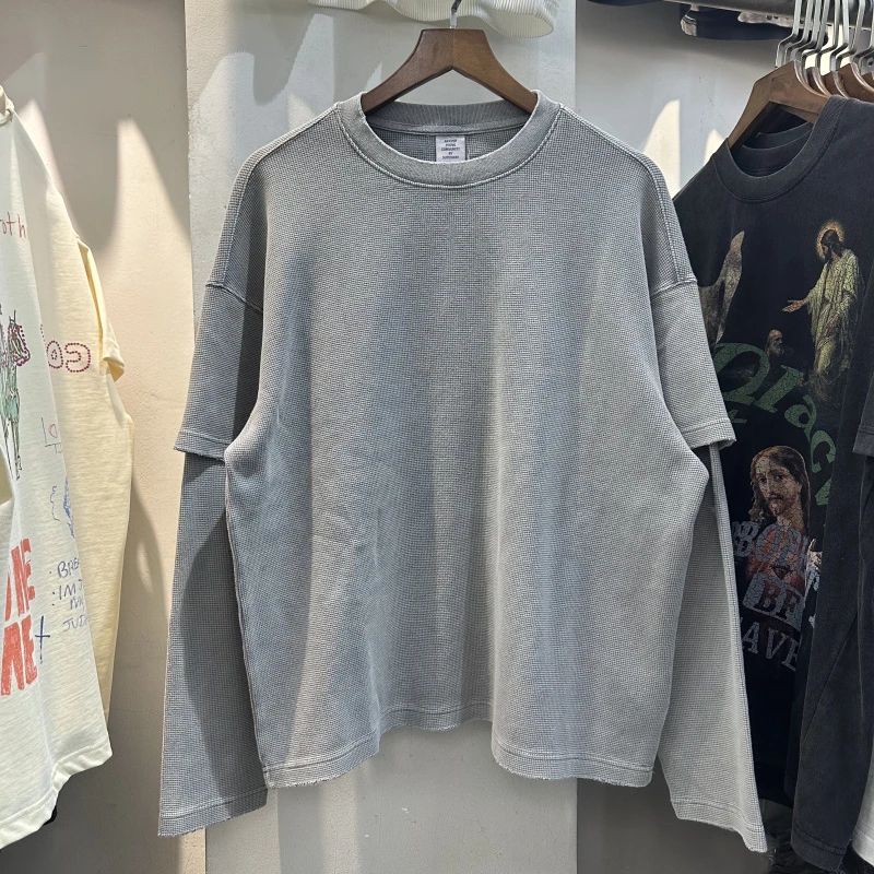 Fake Two Pieces Long Sleeve T Shirt Men Women Washed Distressed Loose Cotton Splice T-shirt Hip Hop Streetwear Sweatshirts Tops