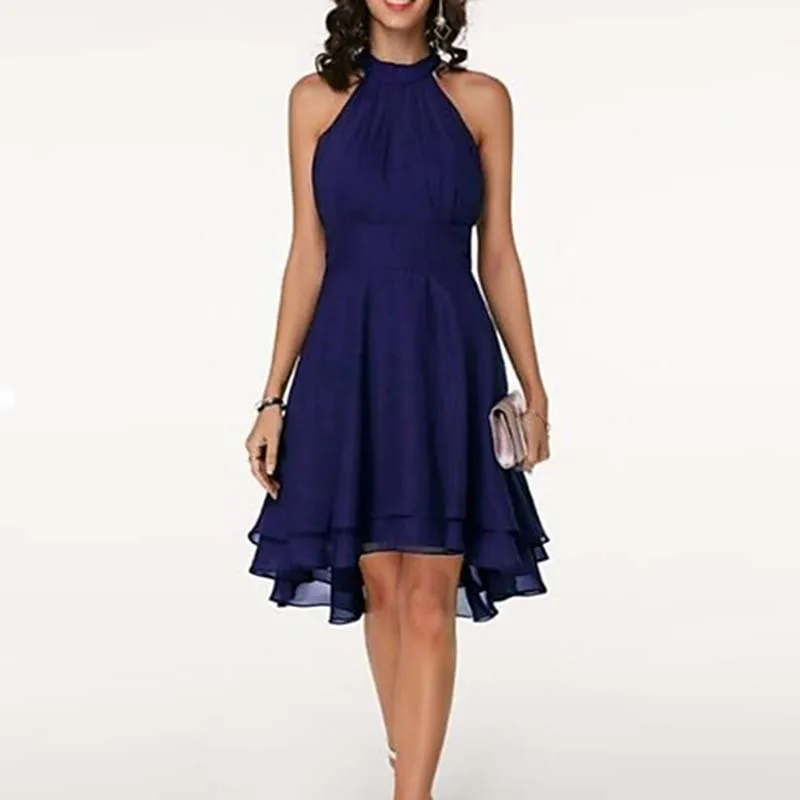

Women's Halter Neck Ruched Asymmetrical Hem Dress Sleeveless Design and Flowy Fabric Stylish Elegant Dress