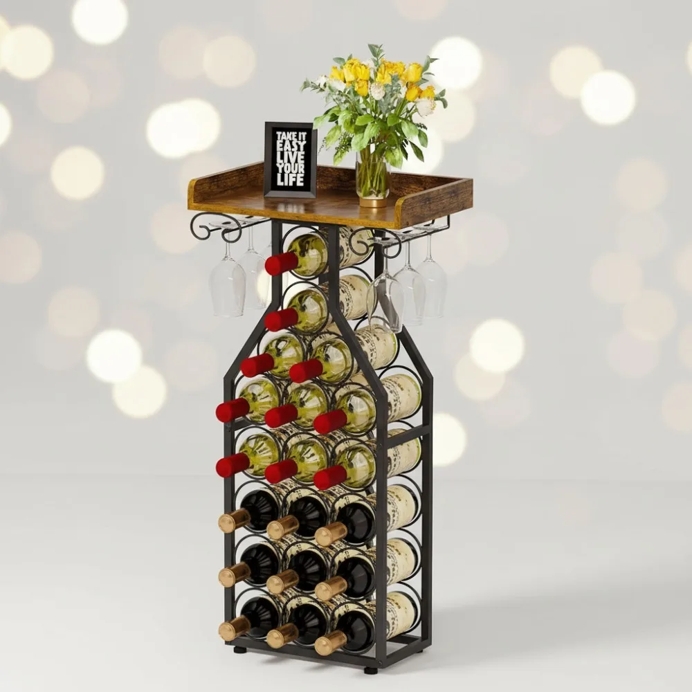 

Freestanding Wine Rack with Tabletop & Glass Holder - 19 Bottle Storage Cabinet for Home Bar Kitchen