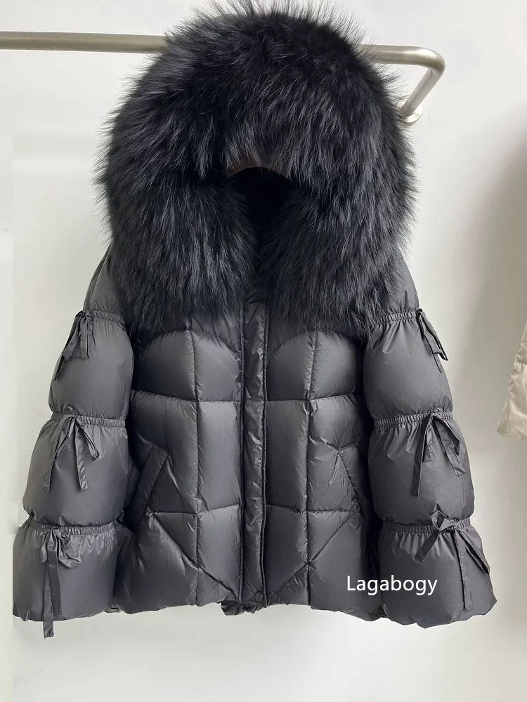Lagabogy 2026 Big Natural Fox Fur Puffer Jacket New Winter Clothes Women Thick Warm White Duck Down Coat Female Real Fur Parker