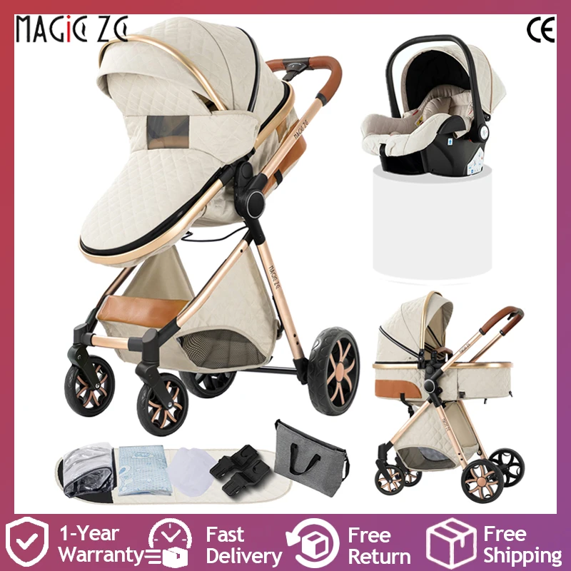 Poussette, landau et poussette 3 en 1 avec cadre en aluminium léger, roues lisses et design pliable pour nouveau-nés et tout-petits