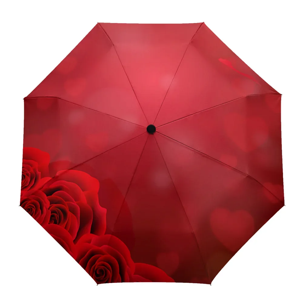 Valentine'S Day Rose Red Heart Creative Umbrella Rain Women Non Automatic Three Folding Umbrellas Windproof Parasol