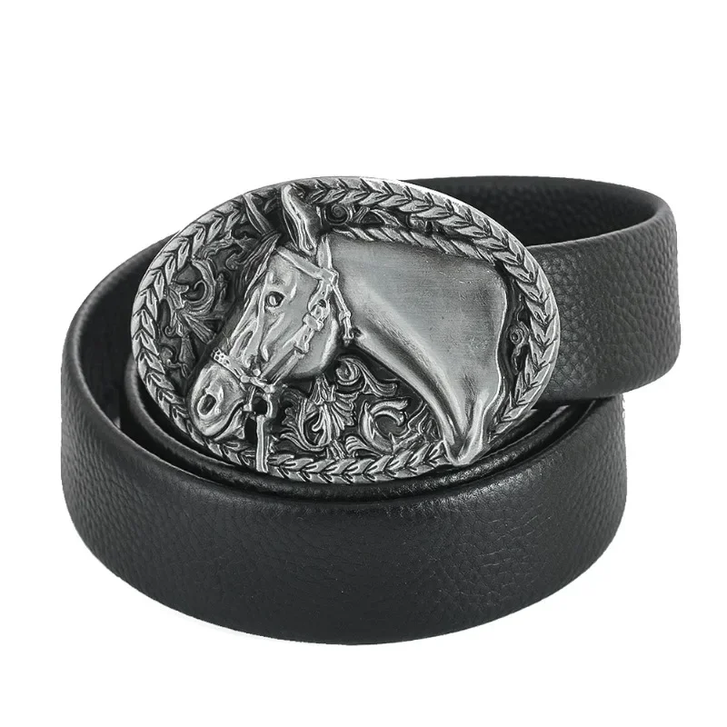 Embossed 3D Horse Steed Donkey Chinese Zodiac Animals Zinc Alloy Belt Buckle Oval Hook Clasp Leather Crafts Man Jeans Accessory