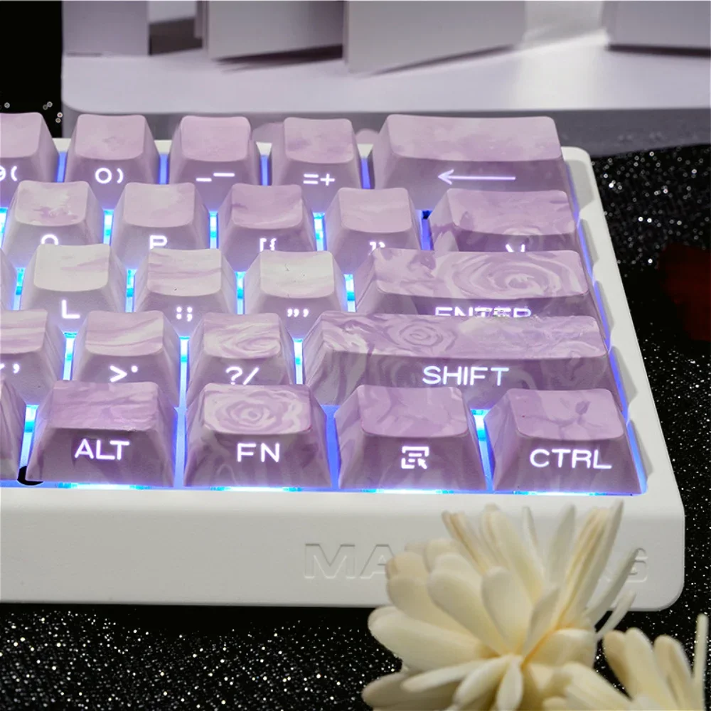 GEFENSI Purple Rose Coast Side Engraved Transparent Key Cap PBT 131 Key For 60/64/84/98/108 Mechanical Keyboard MX Switch