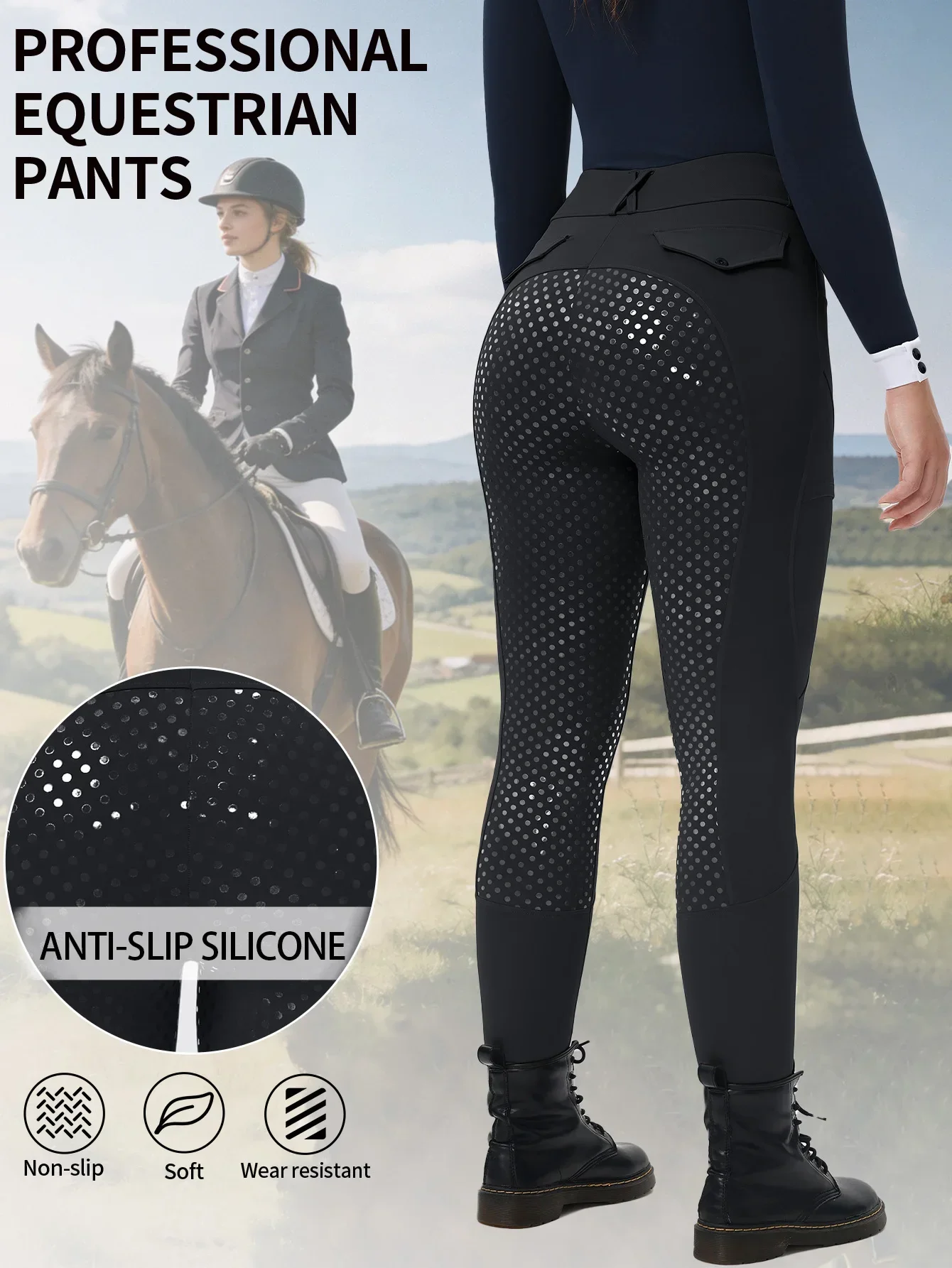 Women High Waist Equestrian Breeches, Dot Silicone Non Slip Grip Riding Leggings, Wear Resistant Pants for Women Horse Training