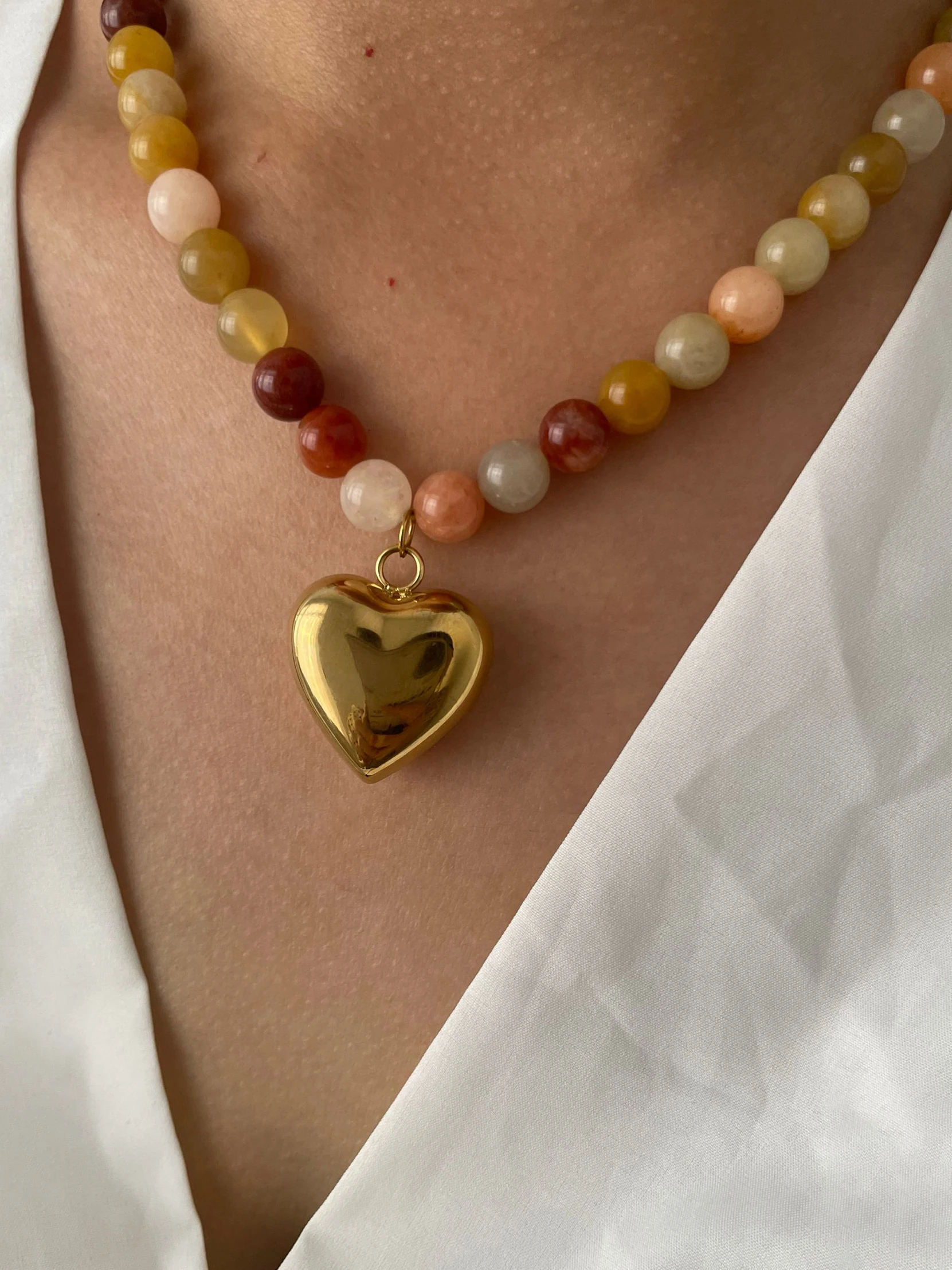 Peri\'sbox Bohemia Multi-color Natural Stone Handmade Beaded Chain Waterproof Trendy Gold Plated Heart Pendant Necklace for Women