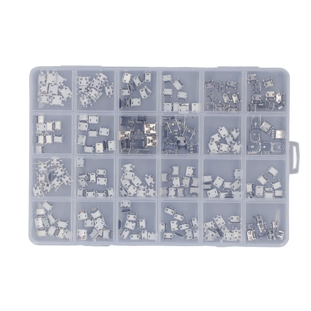 240Pcs 24 Types Micro USB Connector Set USB Female Port with Storage Box Micro USB Female Micro USB Port Computer Repair