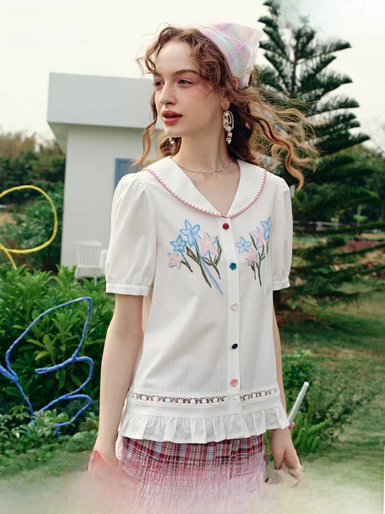 

Fre Floral Print Ruffle Hem Baby Doll Collar irt Women's Summer New Sle Tuo Tee Things Cotton Polyester Blend irt