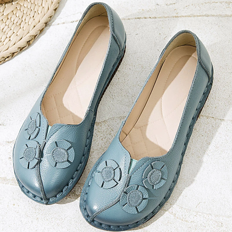 

New round head flower shallow mouth flat bottomed genuine leather women's leather shoes