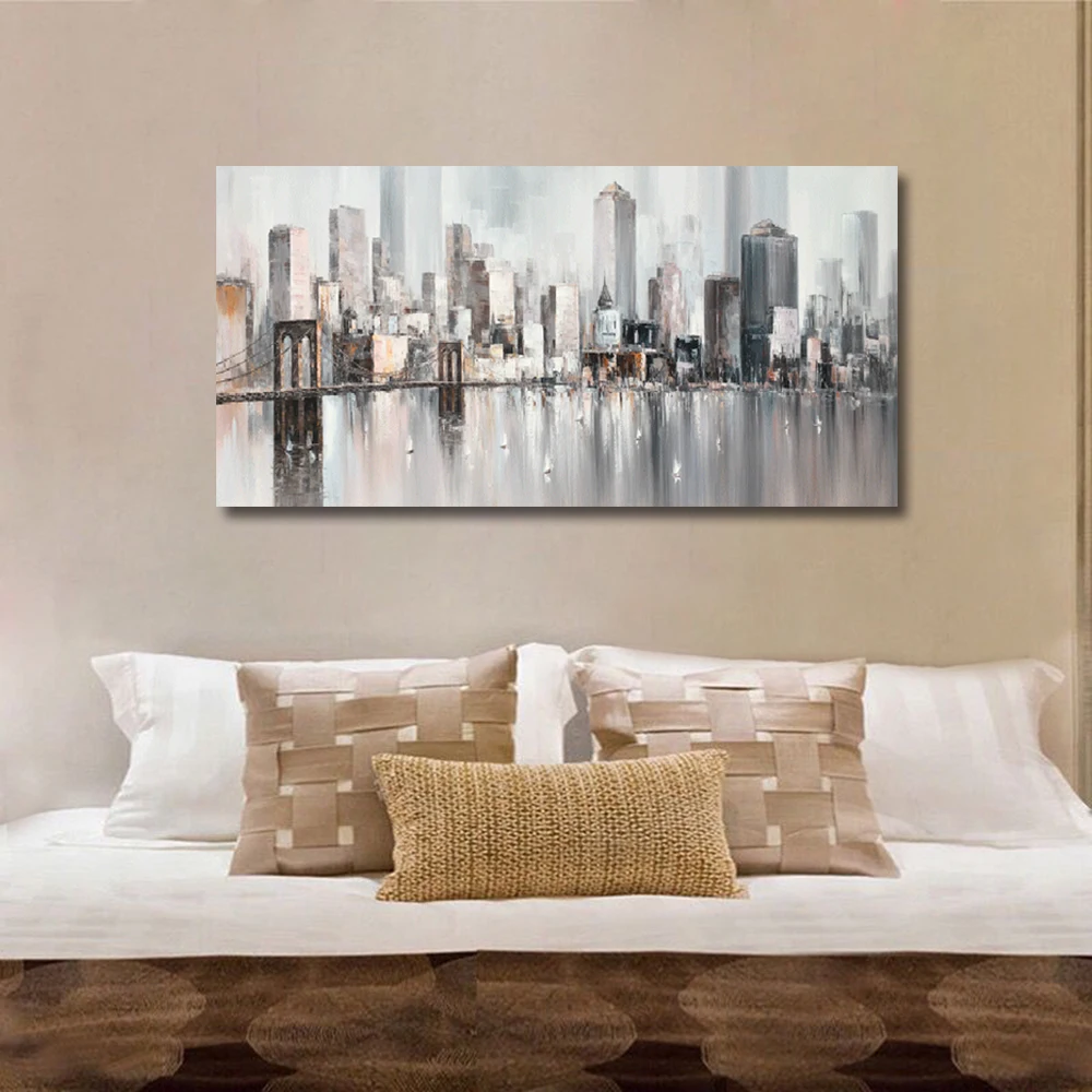 Mintura New York Skyline Cityscape Architecture Abstract Art Handmade Oil Painting On Canvas,Wall Picture Modern,Home Decoration