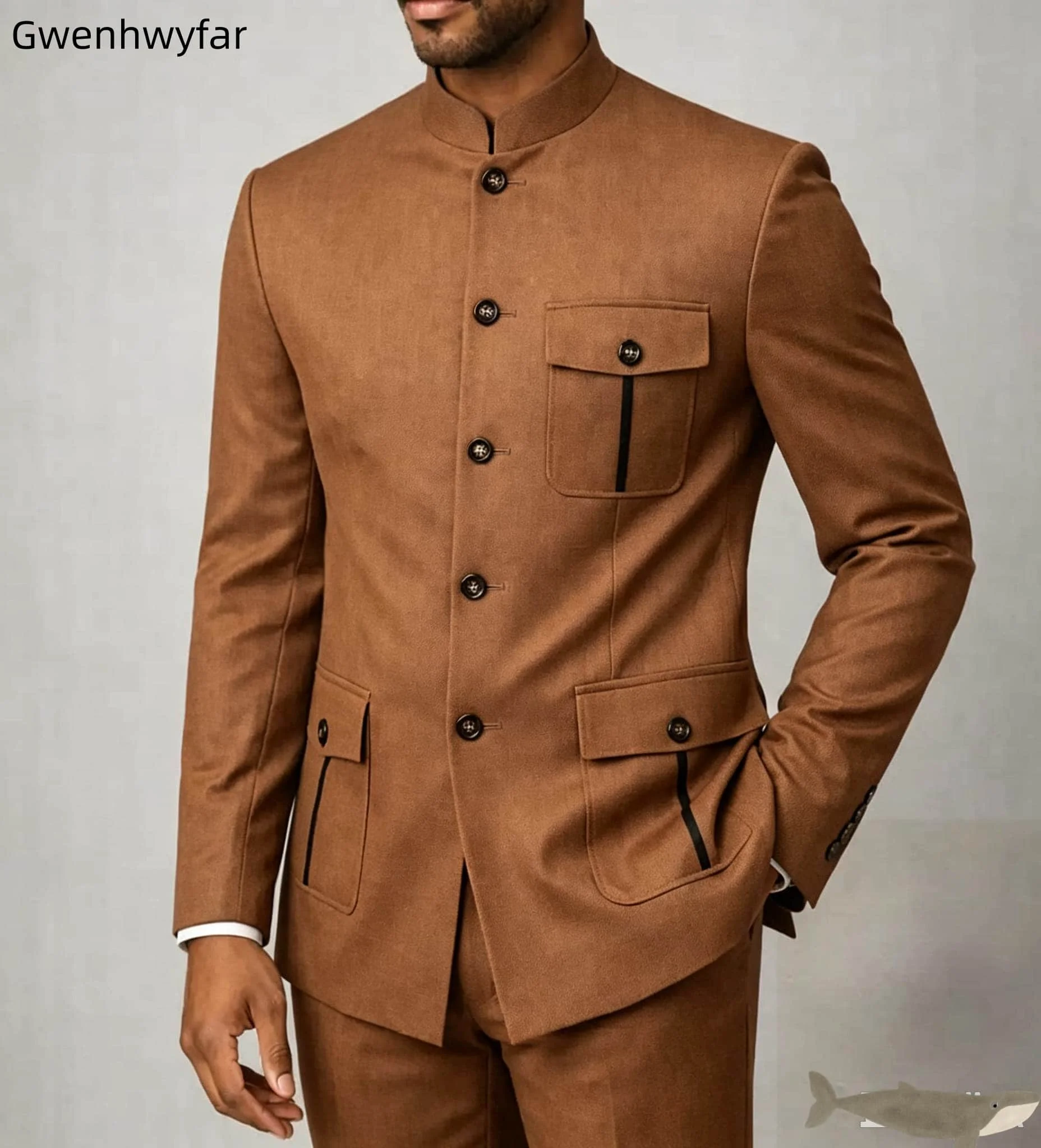 Gwenhwyar New Arrival Men Mandarin Stand Collar Serge Suit Set, Multi Pockets Custom Formal Business Wedding Jacket and Trousers