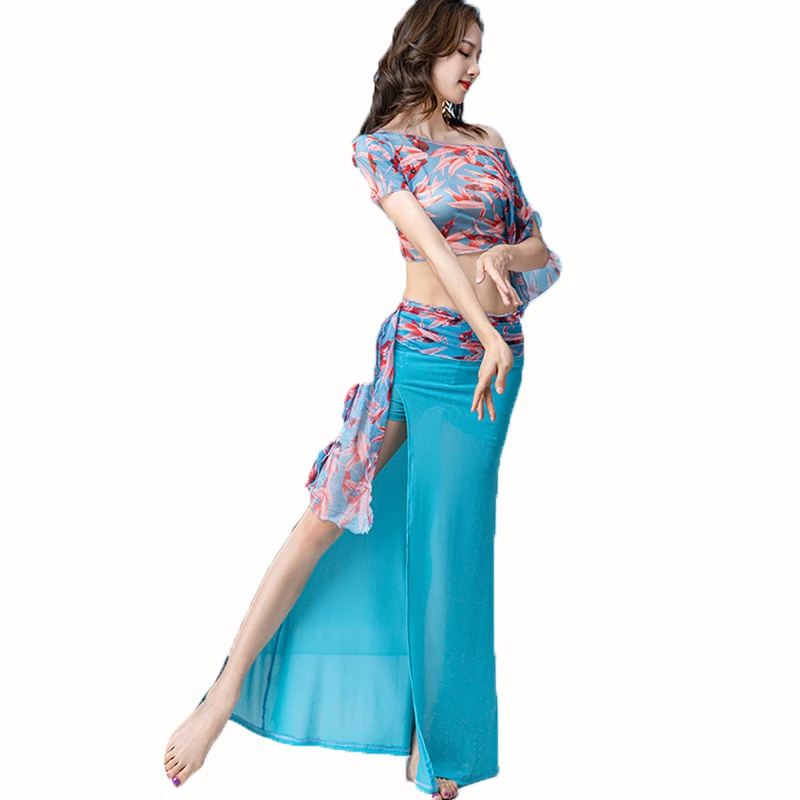

Belly Dance Costume Performance Practice Clothing Suit for Women New Printed Half Sleeves Top Skirt Set Oriental Bellydance Wear