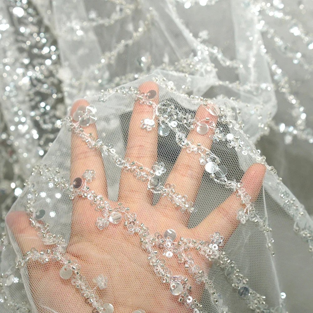Роскошная кружевная сетчатая ткань с блестками и бисером, блестящая серебряная вышивка, тюль для свадебного платья, костюма, сделай сам, ремесло от кутюр