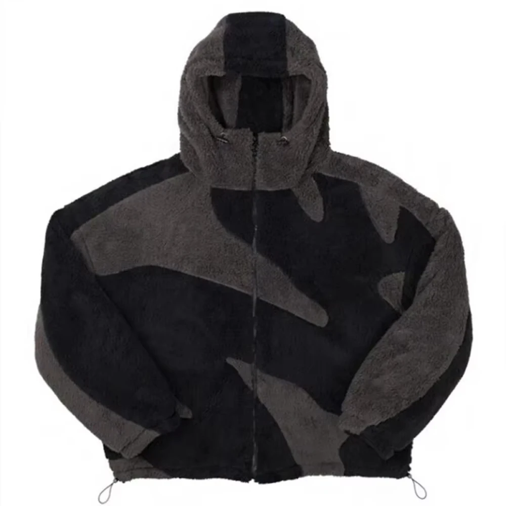Autumn Winter Men Y2K Abstract Color Block Fleece Zip Up Hooded Jacket, Drawstring Hem Loose Streetwear Outerwear