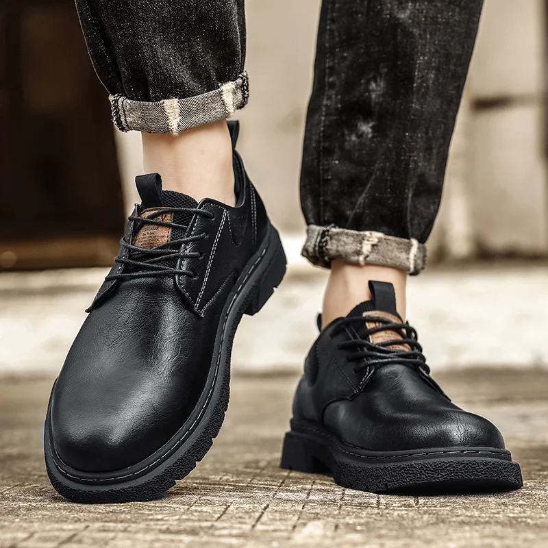 Spring Lace-up Platform Shoes for Men Leather Shoes Fashion Non-slip Wear-resistant Men Work Sneakers Low-top Men Business Shoes