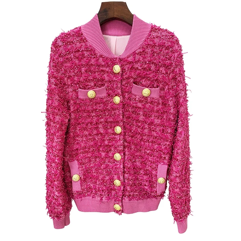 

Luxury Lion Head Gold Buttons Baseball Jacket Women Sequined Moustache Knit New in Outwears Ladies Pink Elastic Cuffs Coat Women