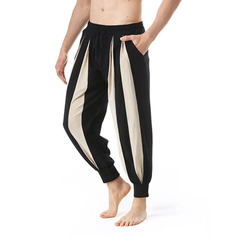 Casual Loose Fit Trousers Men's Cotton Linen Casual Trousers with Elastic Waist Color Block Design Relaxed Fit Loose for Daily