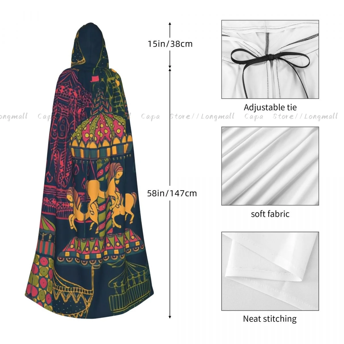 Adult Vampire Cape Hooded Robe Carousel And Tent Funfair Theme Halloween Cloak Full Length Cosplay
