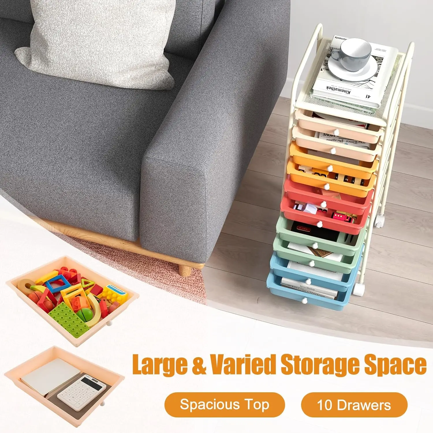 10-Drawer Rolling Storage Drawer Cart, Utility Cart with Removable Drawers & Metal Frame, Mobile Art Craft Drawer Cart