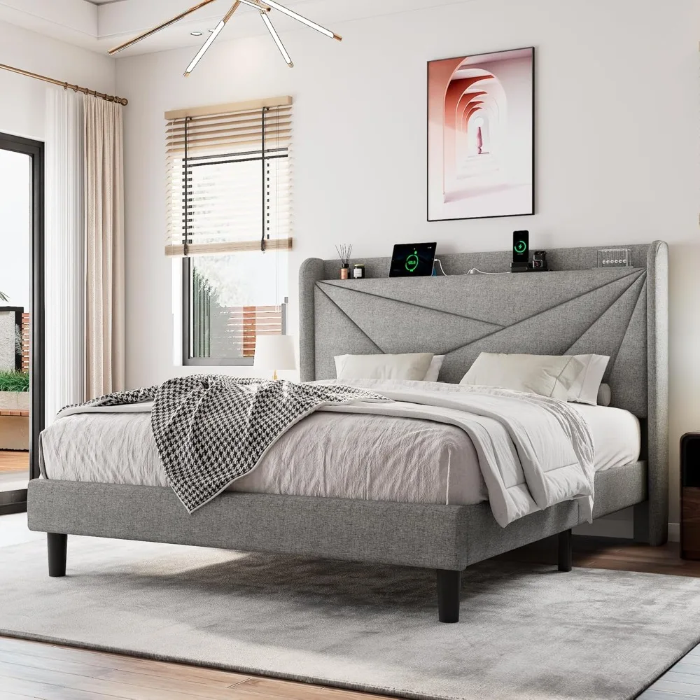

Full-size Upholstered Bed Frame with Charging Station, Platform Bed Frame, Headboard with Storage, Solid Wood Slat Support