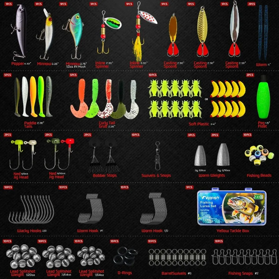 145피스 낚시 도구 상자 세트 (루어, 지그, VIB, 미노우, 소프트 베이트, 플로트, 훅, 웨이트 포함) 올인원 낚시 장비 세트