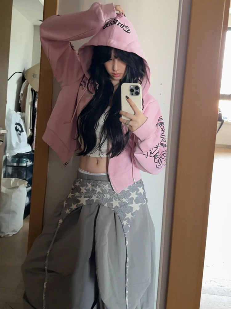 

Gothic Sle Letter Print Hoodie ort Sve Long Sve Women's Spring Autumn Punk Sle Zipper Closure Casual Streetwear