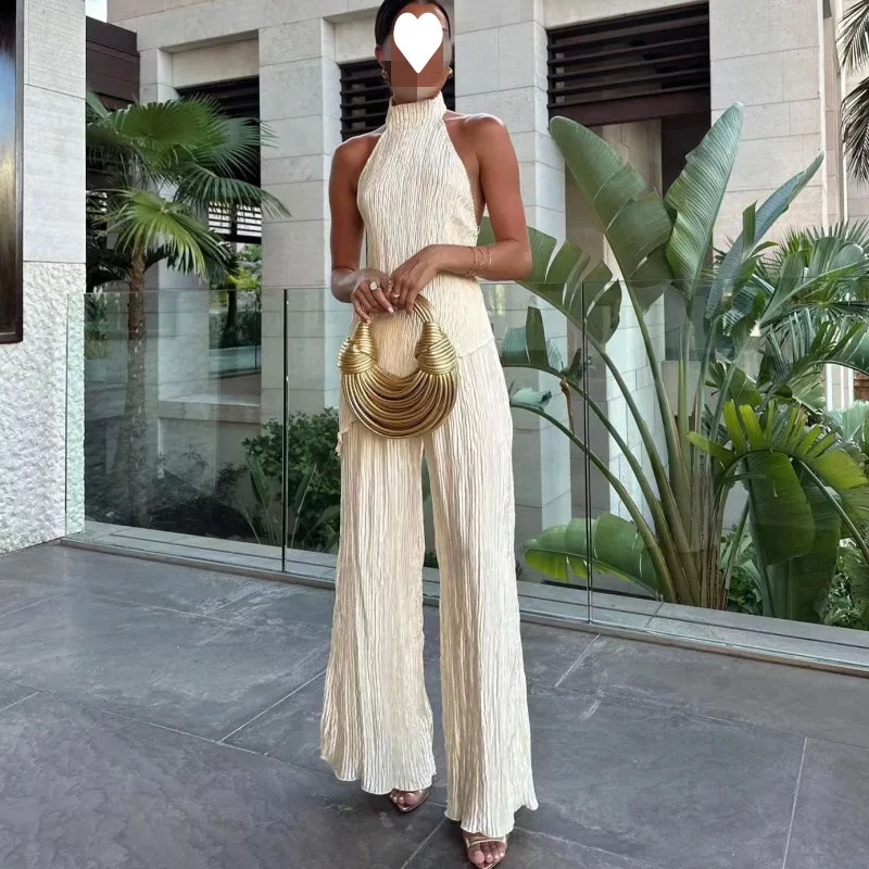 

Women's Trousers Set Solid Color Summer Halter Neck Sleeveless High Collar Pleated Irregular Top Wide Leg Trousers Two Piece Set
