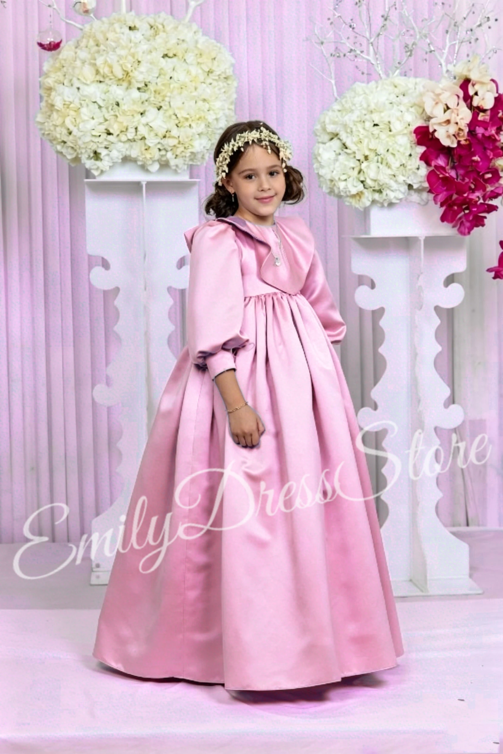 abito-da-damigella-d'onore-personalizzato-in-raso-rosa-con-maniche-a-3-4-vita-alta-per-matrimonio-compleanno-prima-comunione-abito-da-teenager
