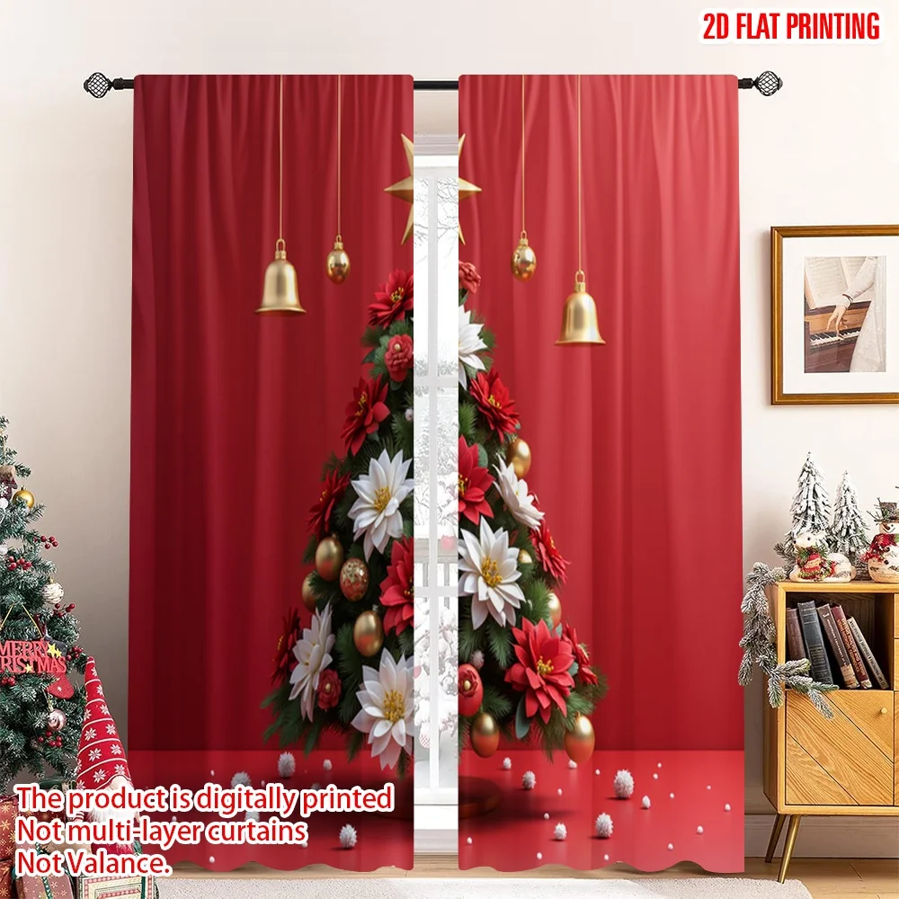 

2pcs 2D flat printing Christmas Drapes Christmas Poinsettias Tree Polyester Without Electricity Family Party Perfect for Indoor