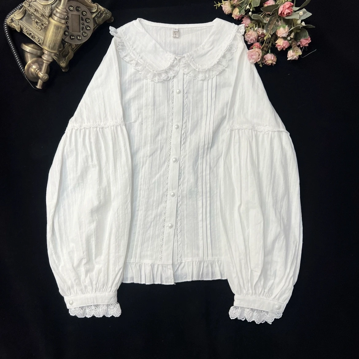 ピーターパンカラー長袖スイートロリータブラウス レディース キュートレースボウシャツ カワイイガール コットンコスプレカジュアルロリータ服 90年代