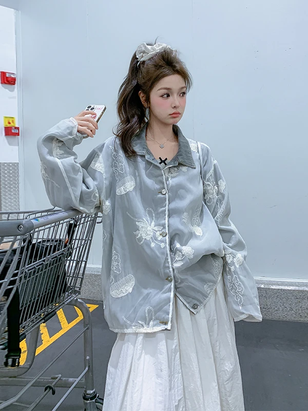 

Уникальная женская джинсовая куртка с элементами кэжуал-стиля, новинка ранней осени 2025, модный топ свободного кроя, длинный рукав...