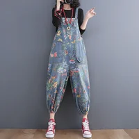 Fashion Streetwear Print Floral Denim Jumpsuit Women Dungarees Straps Baggy Rompers Cargo Pants Loose Wide Leg Jeans Overalls - Image 4