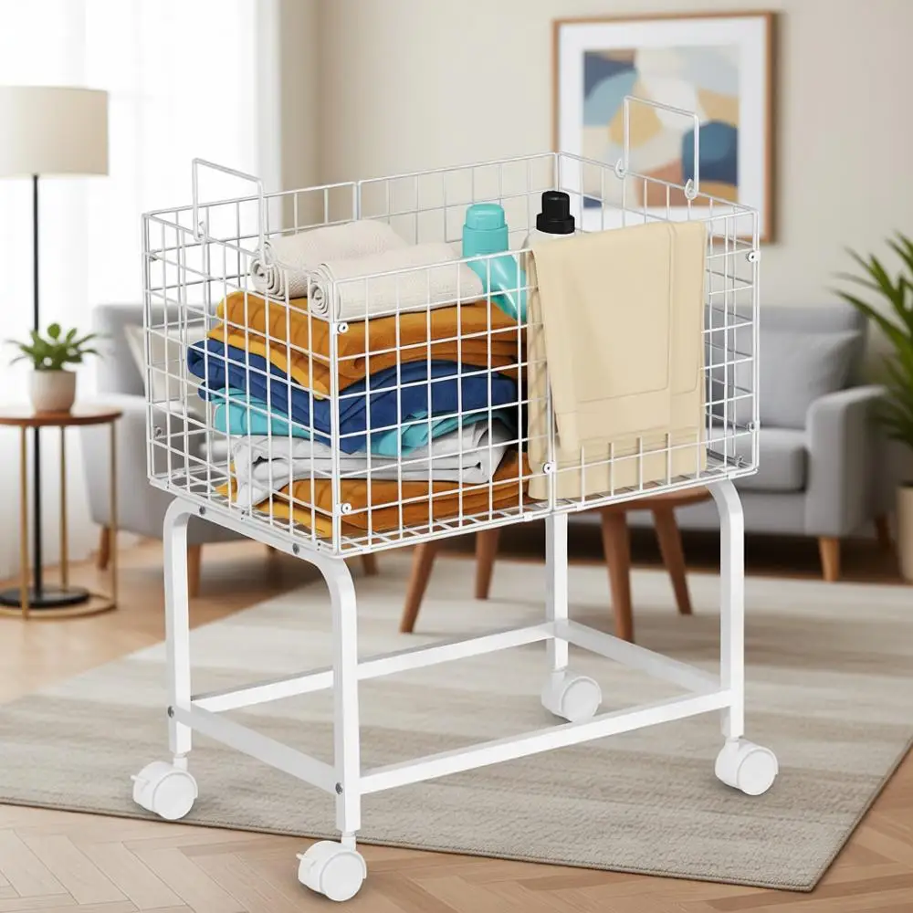 

80L White Laundry Hamper Trolley with Pull Handle for Home Use