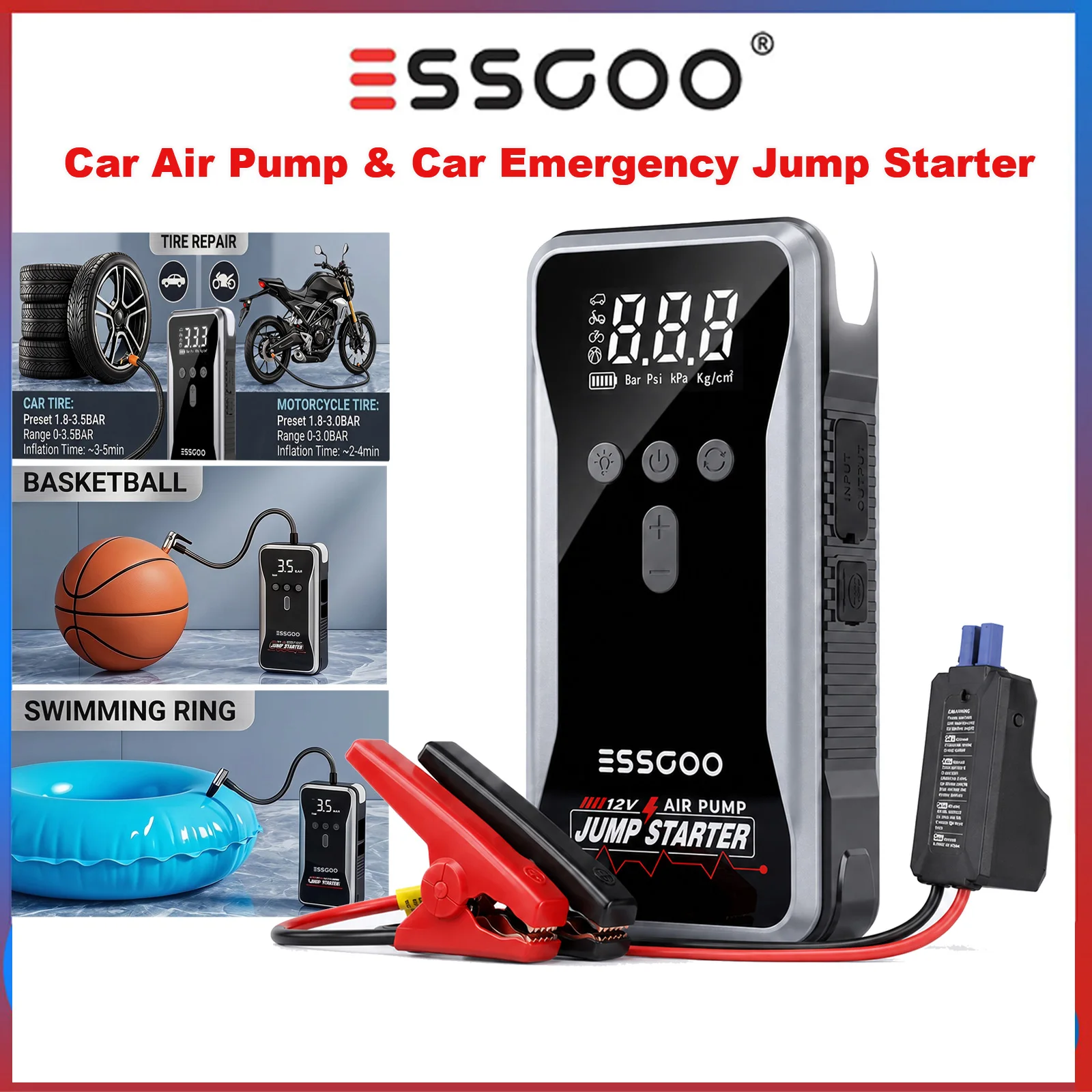 ESSGOO 1000A Auto-Starthilfegerät, tragbare Powerbank, 150PSI Luftpumpe, Notfall-Starthilfegerät für 12V Autobatterie, Kompressor, multifunktionaler Reifenfüller für Autos
