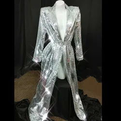 Silver Cloak Dance Costume Fashion Buttonless Women Shiny Sequins Long Coat Female Singer Nightclub Concert Stage Performance