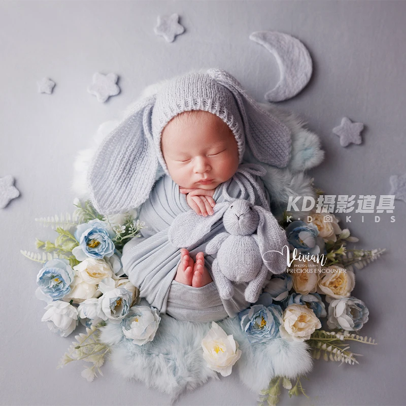 

Newborn Photography Props Baby Elastic Wrap + Rabbit Ears Hat + Head Flower + Rabbit Fur Blanket Set Kid Photography Costumes