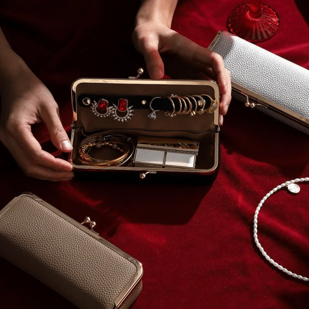 Multifunctional PU Leather Jewelry Storage Bag Anti-lost Design Automatic Closing Women's Cosmetic Bag Elegant Large Capacity