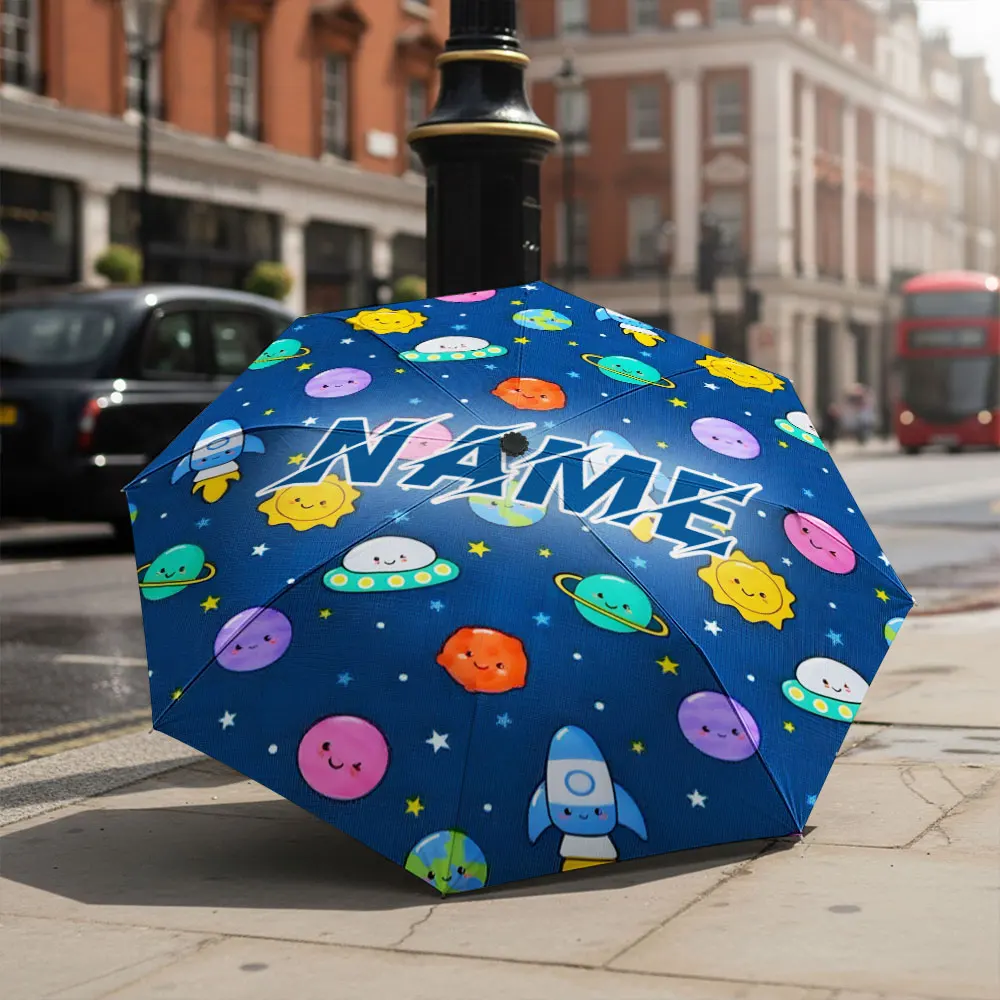 Custom Name umbrella,Colorful Space Adventure Umbrella with Cute Planets and Spaceships Folding Umbrella for Sunny Rainy Days