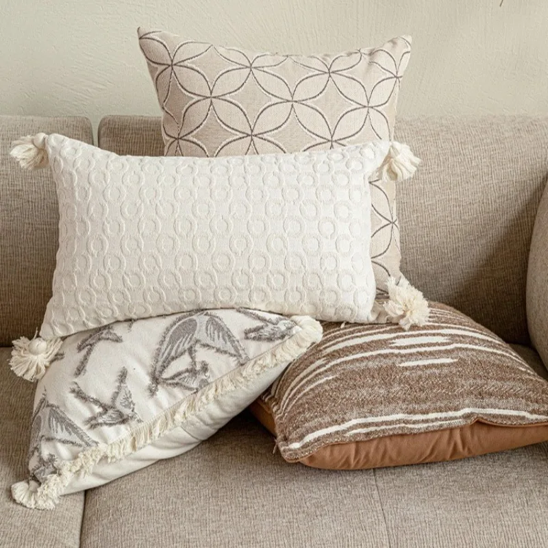 Premium Textured Jacquard Throw Pillow Cover Neutral Cushion Case with Tassel Decor Minimalist Soft Pillow Protector for Couch