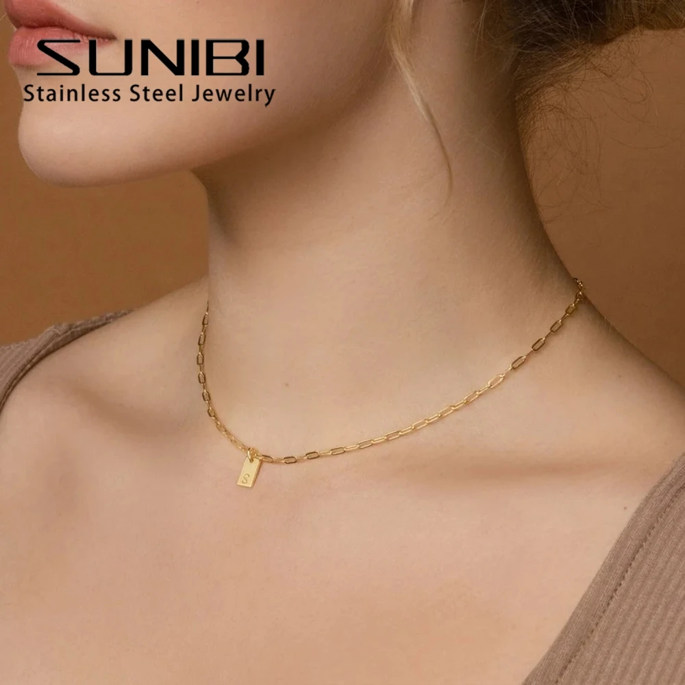 SUNIBI Fashion Unisex Women\'s Necklace Stainless Steel Gold Color 26 Initial Square Pendant Necklace for Women Jewelry Wholesale