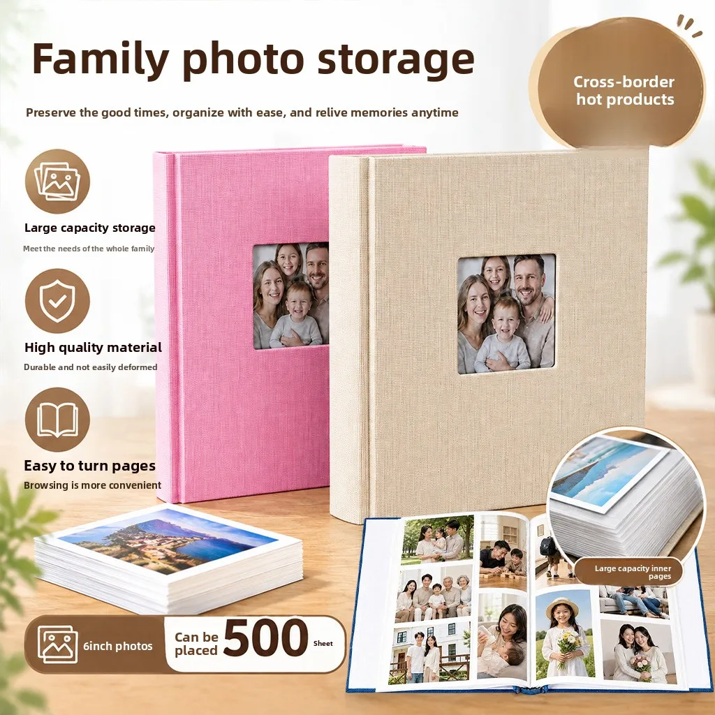 6x4 Inch Photo Album with 500 Photo Slots, Linen Hardcover Picture Book with Open Frame Window, 50 Screw Bound Pages for Family