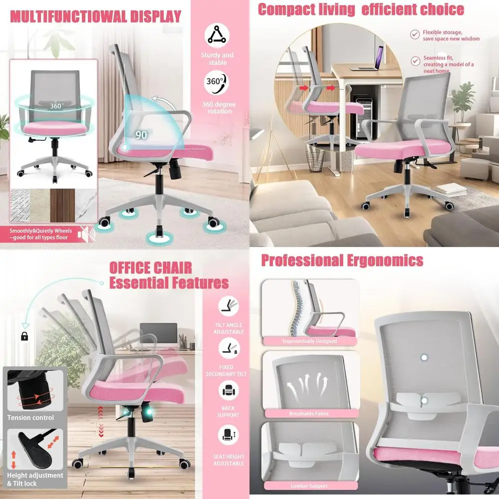 

Ergonomic Breathable Mesh Office Chair with Adjustable Height and Lumbar Support for Home, Office, and Study (Pink)
