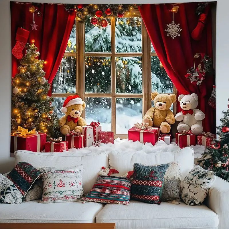 VIKAMA Christmas Tapestry Santa Claus Reindeer Sleigh Snowy Village Fireplace Wall Hanging Living Room Xmas Home Decor Winter