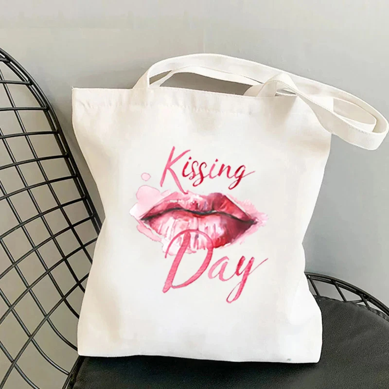 Bolso de hombro con estampado de labios besándose día, bolsa de lona de diseñador de moda, organizador de gran capacidad, bolsa de viaje para compras, regalo para amantes