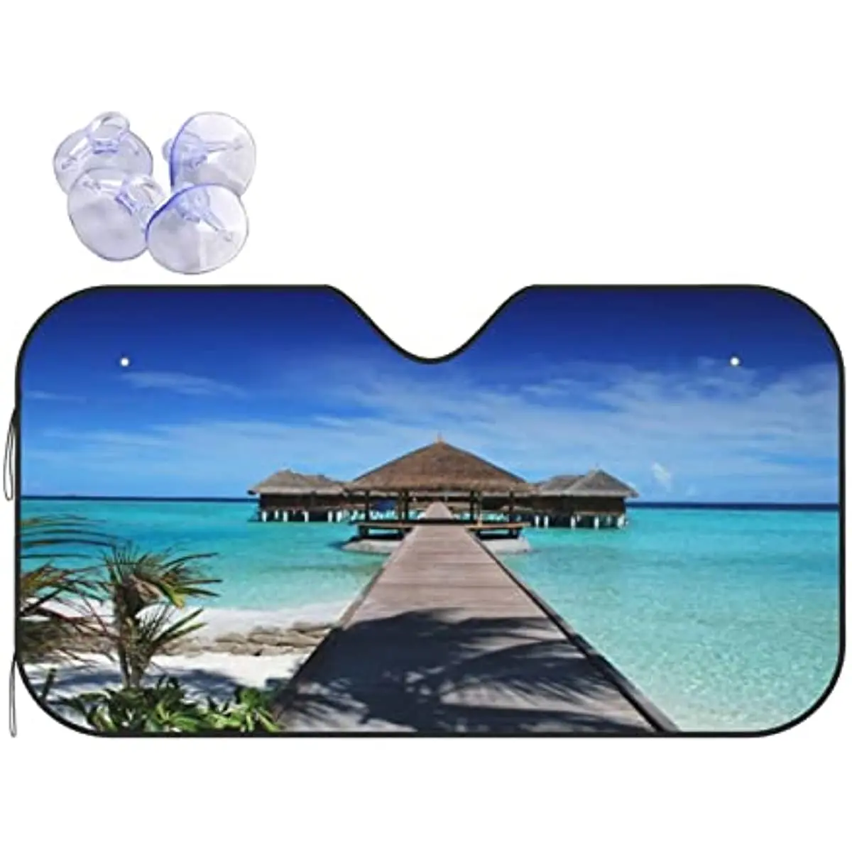 Car Windshield Sun Shade,Seaside Wooden Summer Relaxation Plank Bridge Grass Pavilion Tropical Ocean Resort Scenic Sun Visor