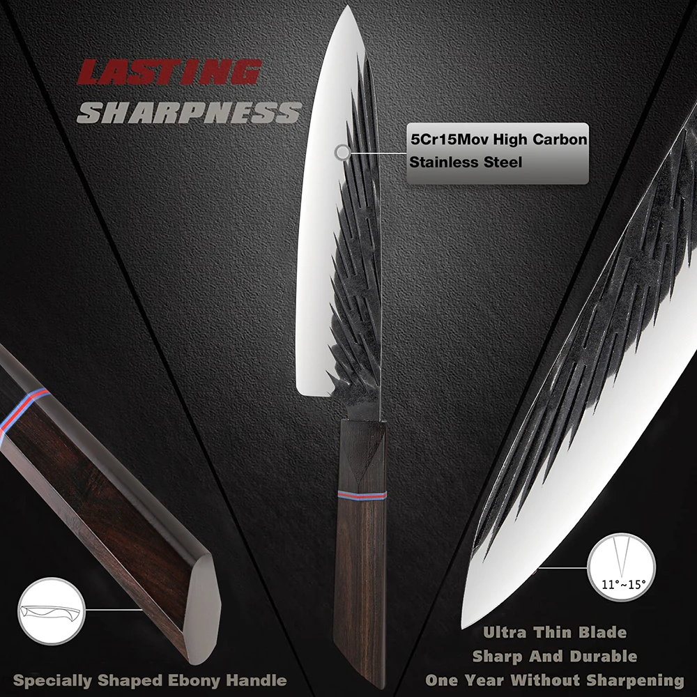 Cuchillo de Chef japonés de 8 pulgadas, cuchillo de cocina de acero inoxidable con alto contenido de carbono, cuchillo afilado para cortar verduras y carne, mango de ébano