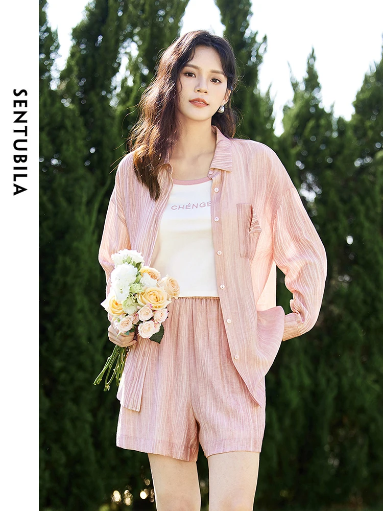 SENTUBILA Casual Tracksuits 2024 Summer Polo Collar Shirt Letter Tank Tops Wide Leg Shorts Three-piece Suit for Women 141Z53662