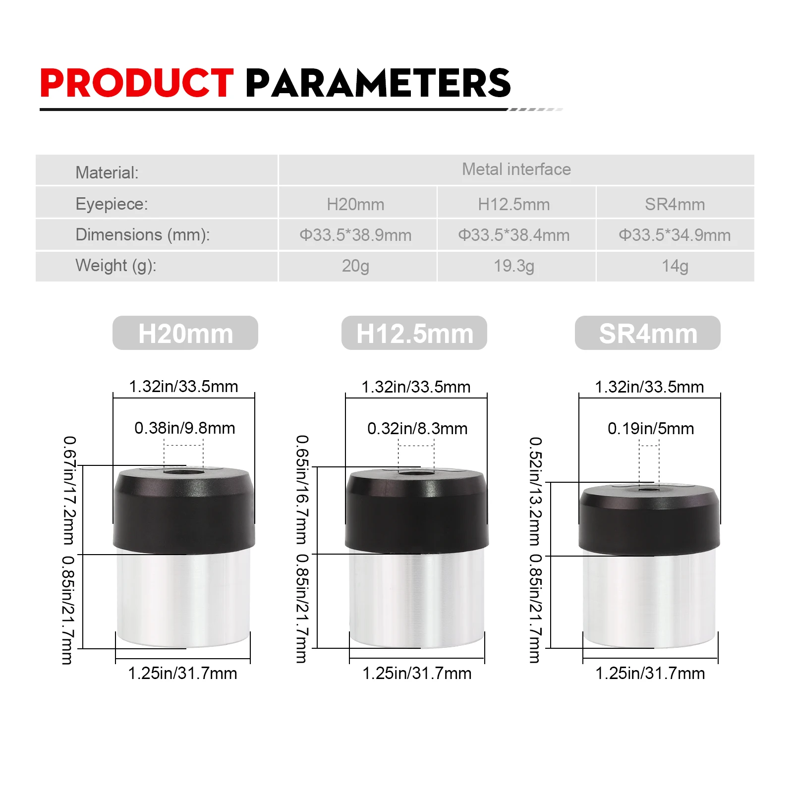 ملحقات عدسة التلسكوب عالية الطاقة مقاس 1.25 بوصة من Datyson SR4mm H12.5mm H20mm 5P9923DEF