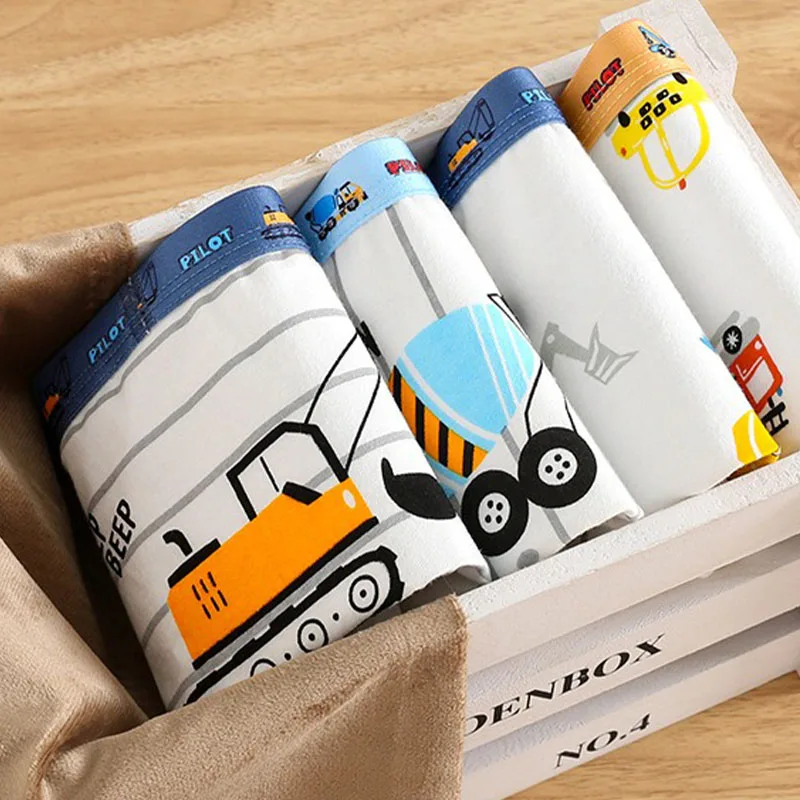 4-Piece Children's Underwear Cozy Breathable Pure Cotton Kids Boxer Shorts Truck Car Cartoon For 3-9 Years Old Boys Boxer Briefs